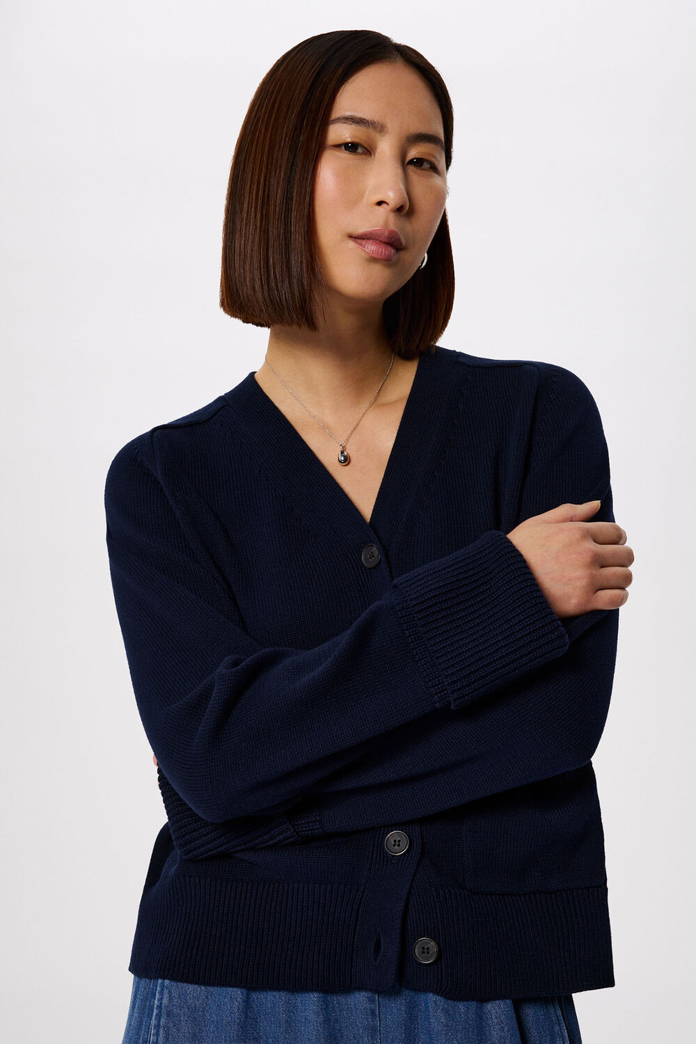 Navy Cotton Pocket Detail Cardigan