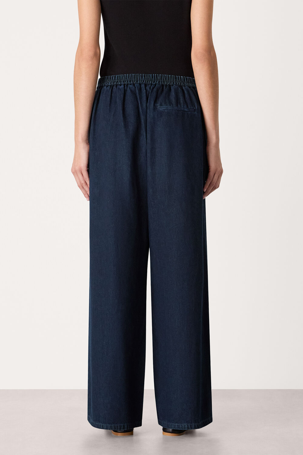 Dark Denim Cotton Wide Leg Pleat Trouser