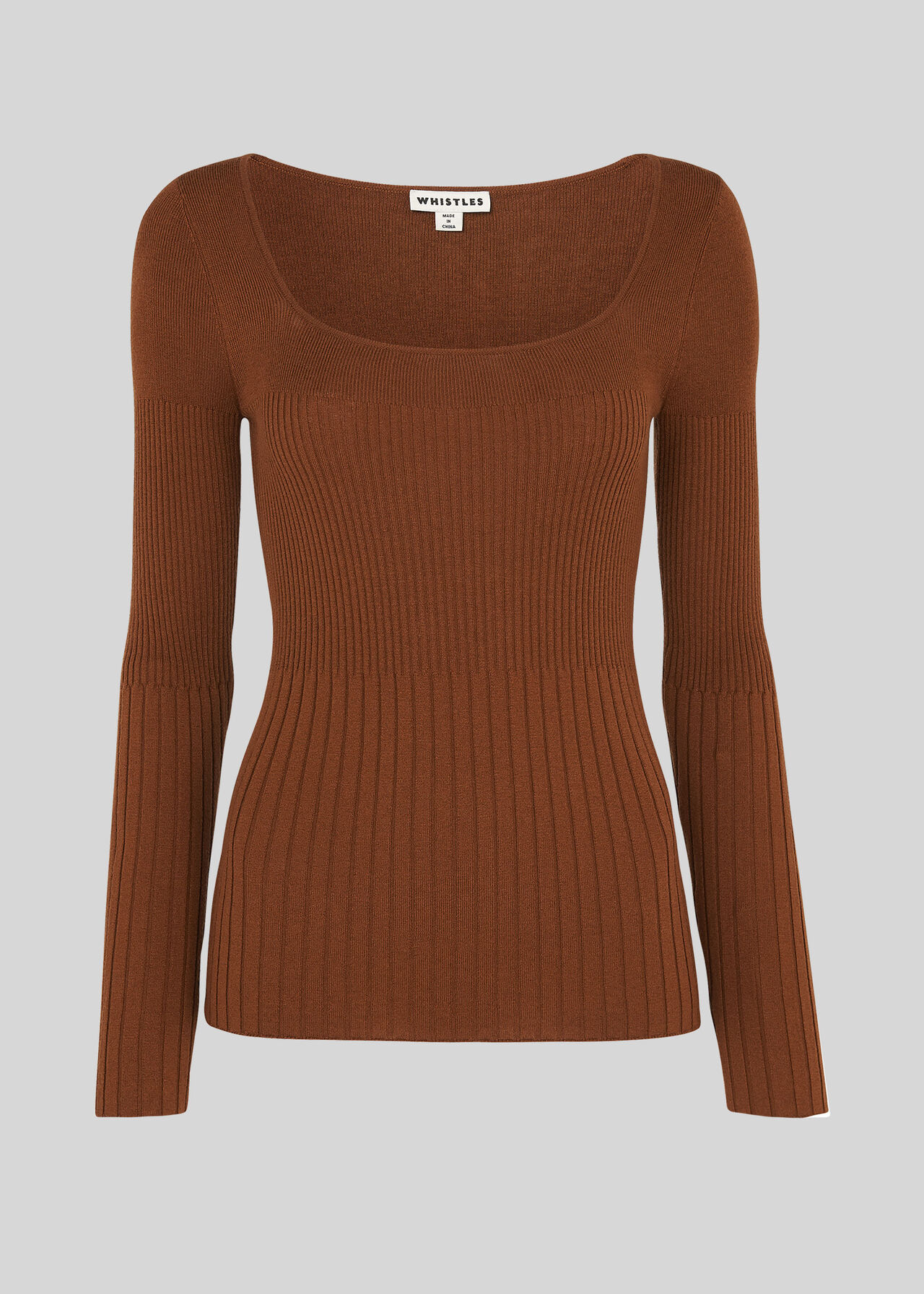 Square Neck Silk Mix Rib Knit Toffee