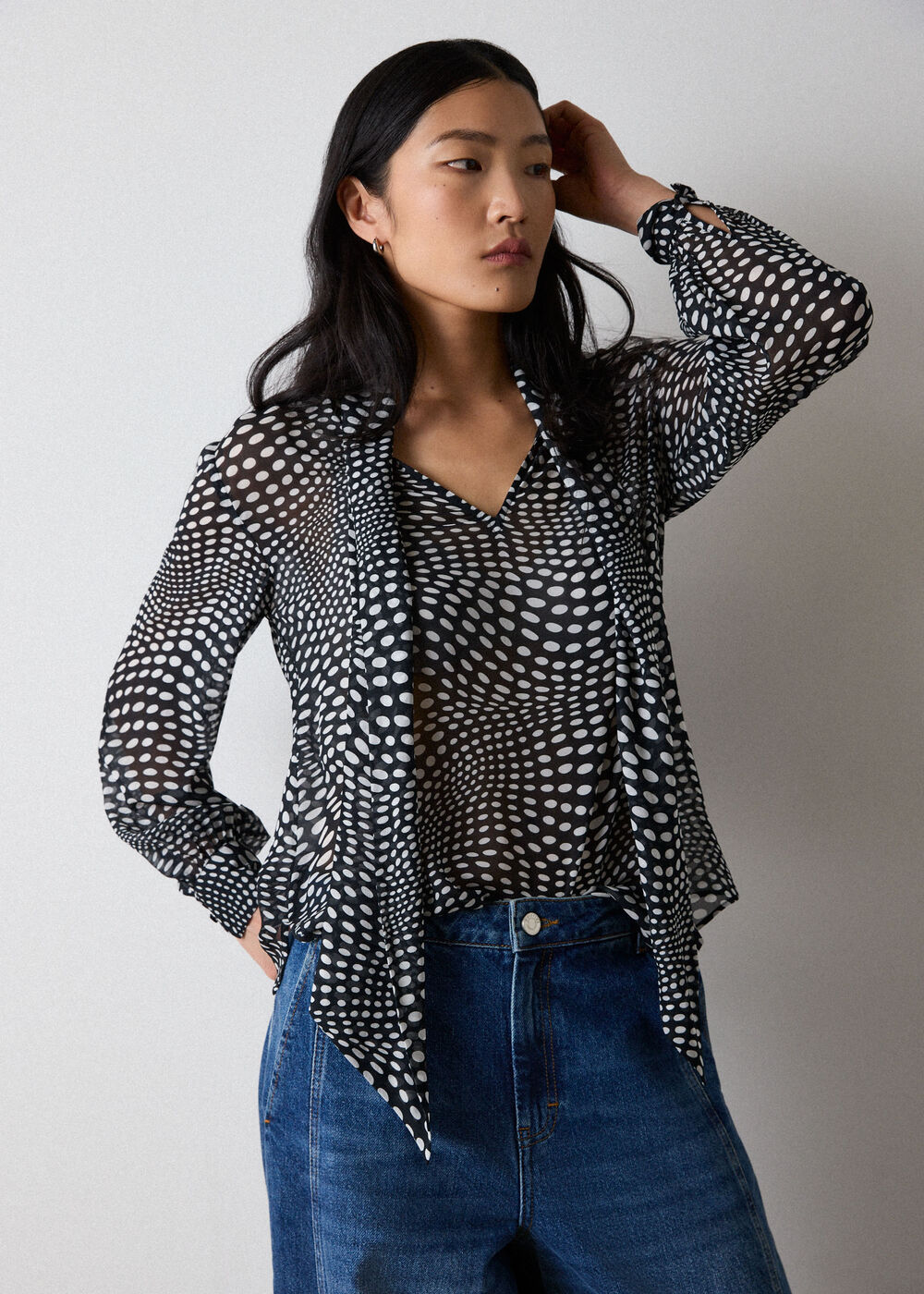 Mixed Spot Scarf Sheer Blouse