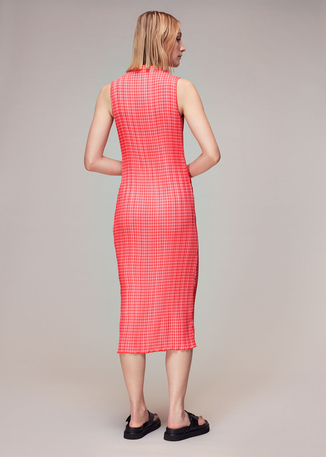 Houndstooth Plisse Midi Dress