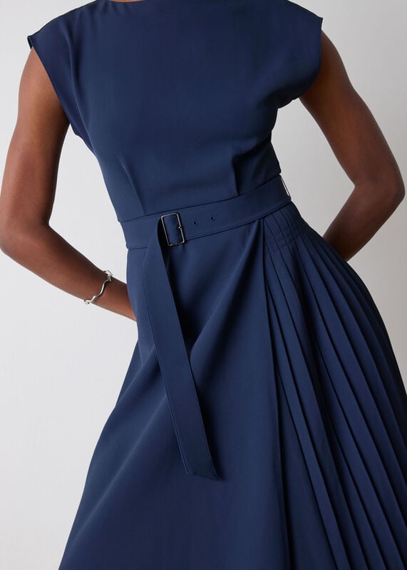 Navy Pleat Detail Asymmetric Midi Dress