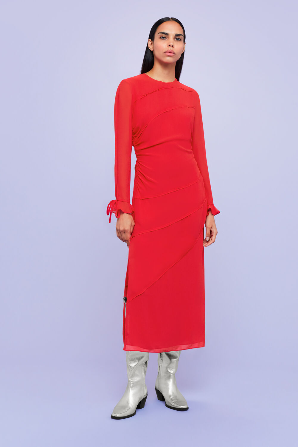 Red Inez Seam Detail Silk Dress