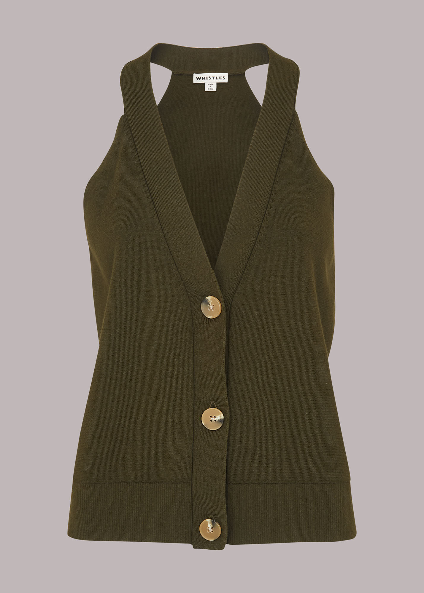 Khaki Knitted Button Through Vest | WHISTLES | Whistles US |