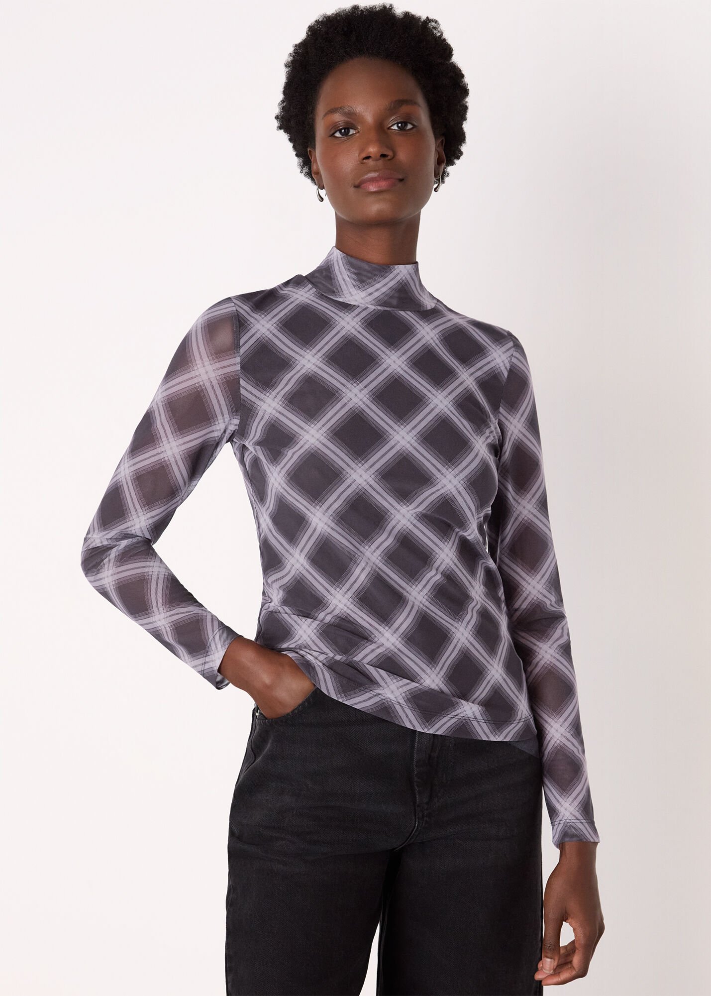 Burgundy/Multi Check Print Mesh Top | WHISTLES | Whistles US |