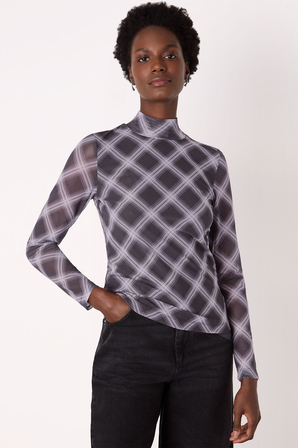 Burgundy Check Print Mesh Top