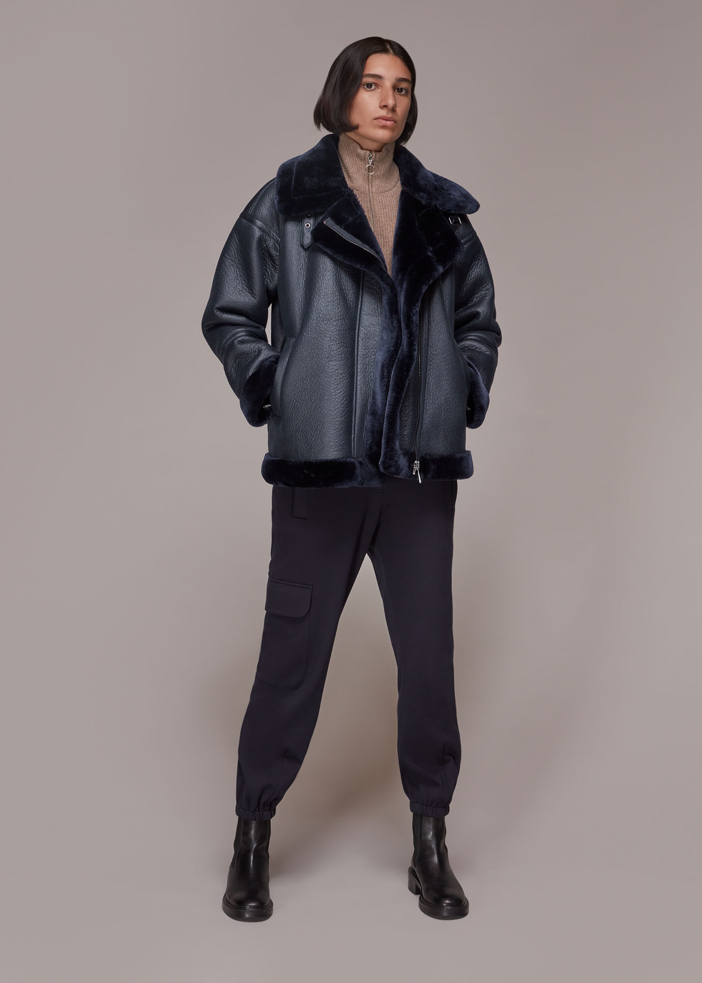 Whistles faux fur hotsell biker jacket navy