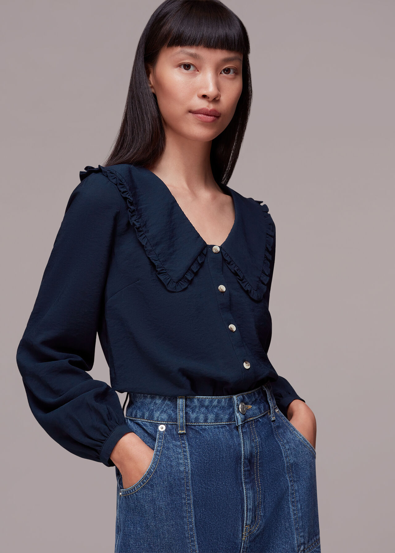 Navy Oversized Collar Detail Top | WHISTLES