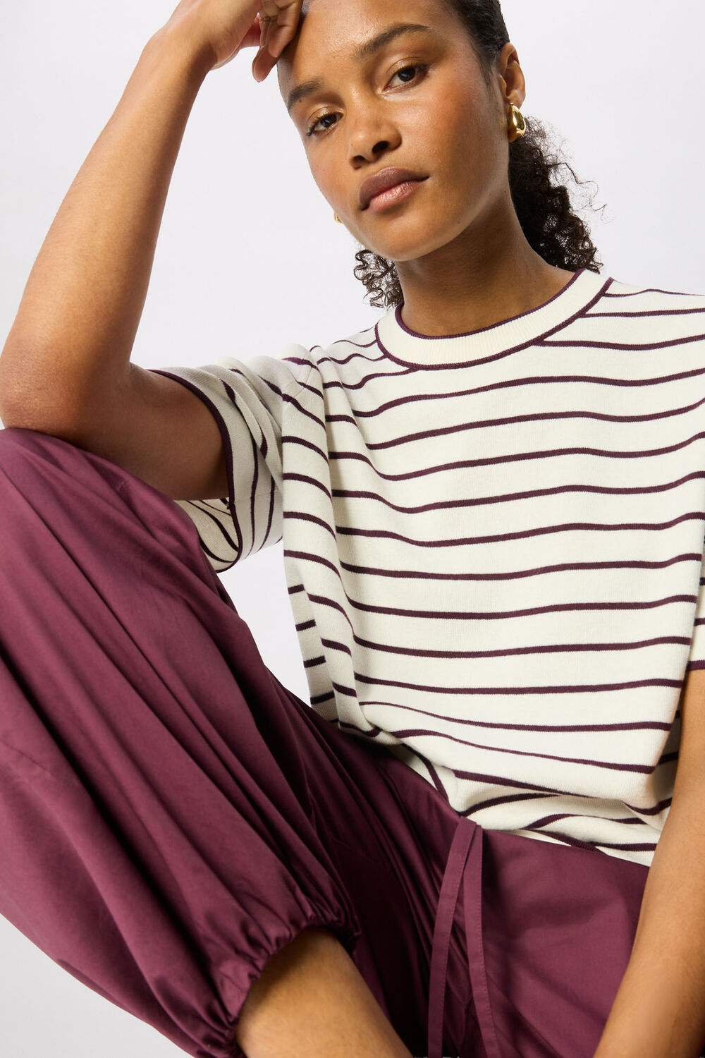 Burgundy Fine Knit Stripe T-Shirt