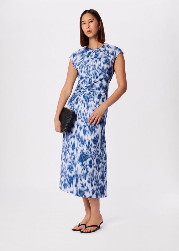 Blue Blurred Floral Crepe Dress