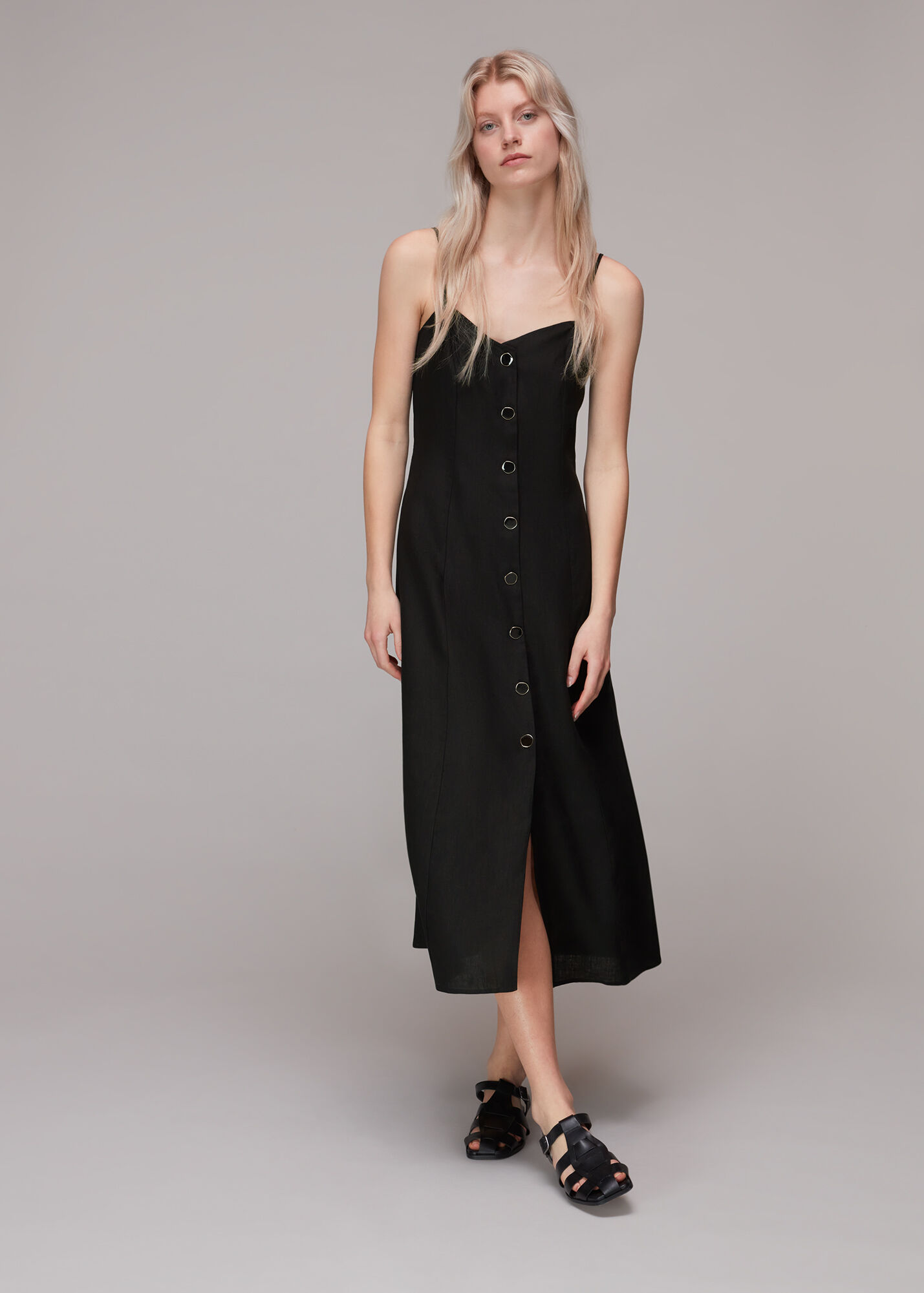 Black linen button dress top