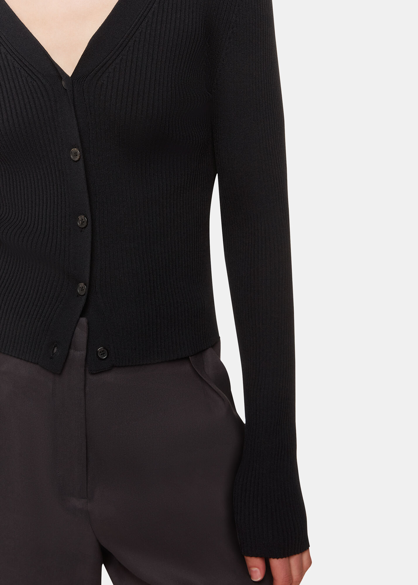 Black Ribbed V Neck Cardigan | WHISTLES | Whistles US |