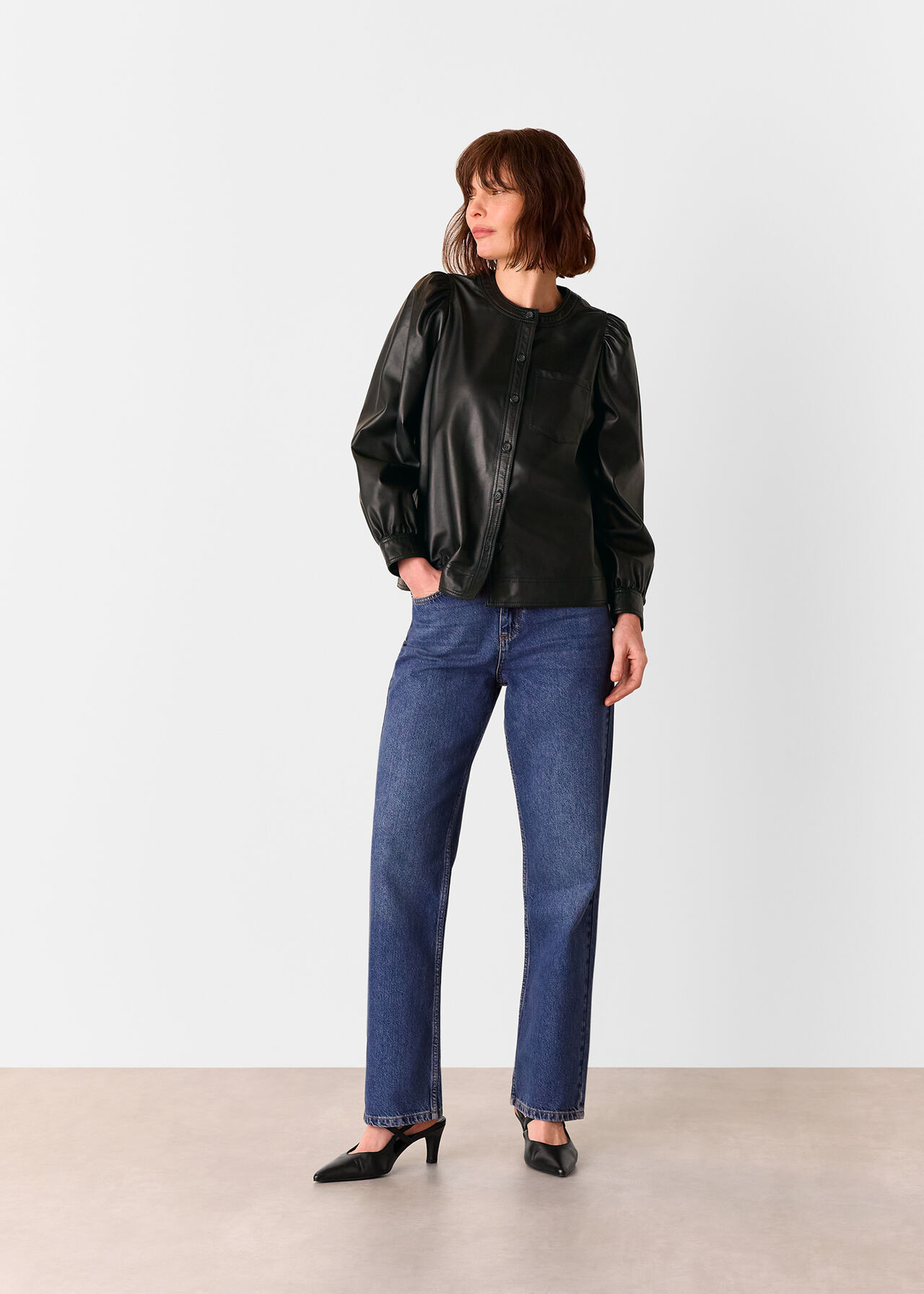 Leather Gathered Sleeve Shirt
