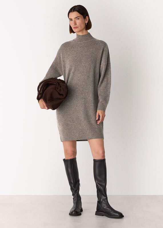 Taupe Funnel Neck Wool Mini Dress