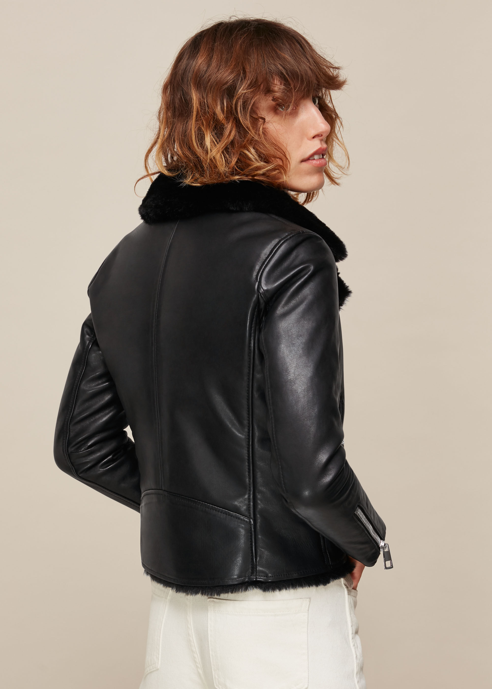 Black Faux Fur Lined Agnes Biker WHISTLES Whistles UK