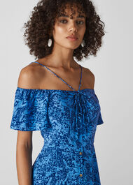 Bardot Snake Print Silk Dress Blue/Multi