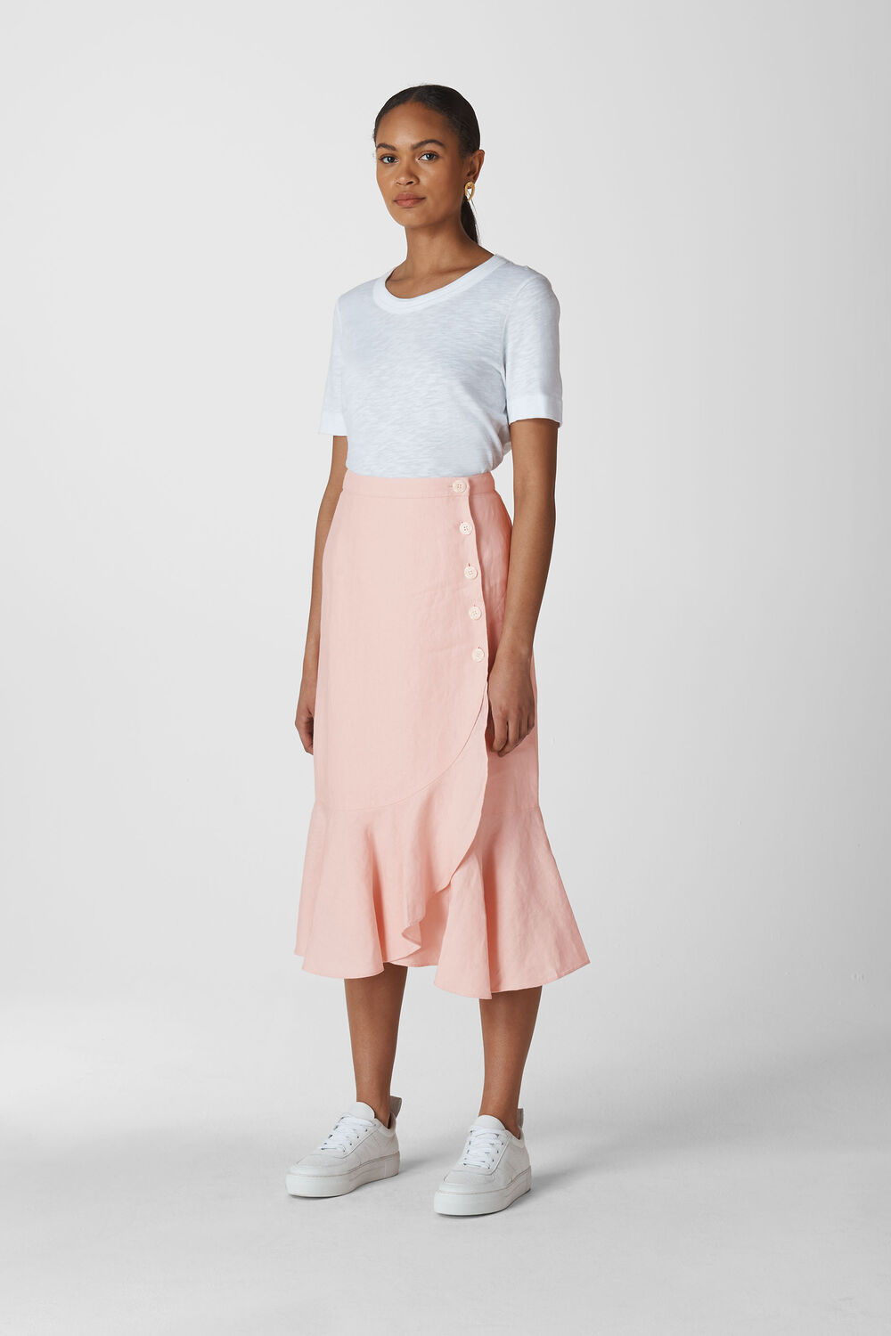 Linen Button Frill Skirt Pale Pink