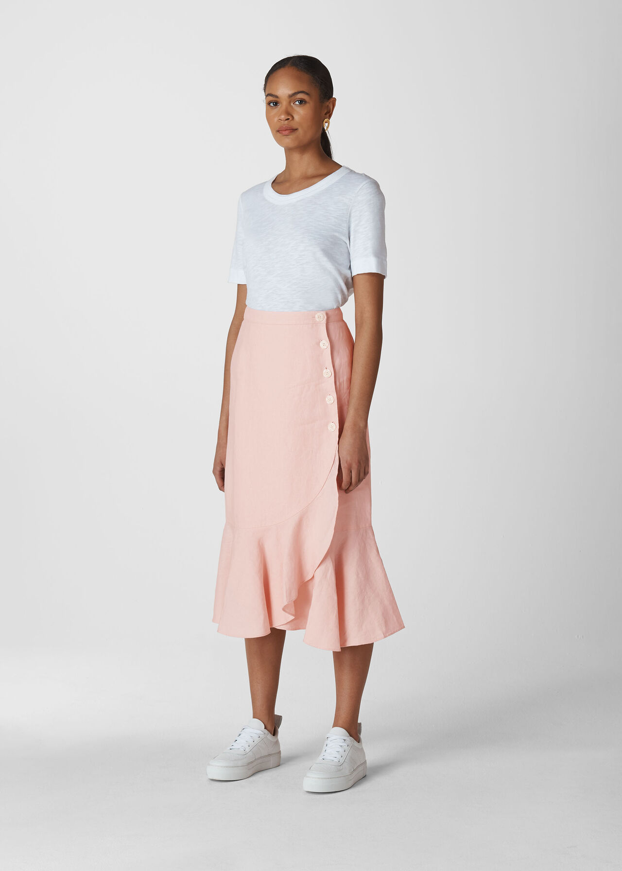 Linen Button Frill Skirt Pale Pink