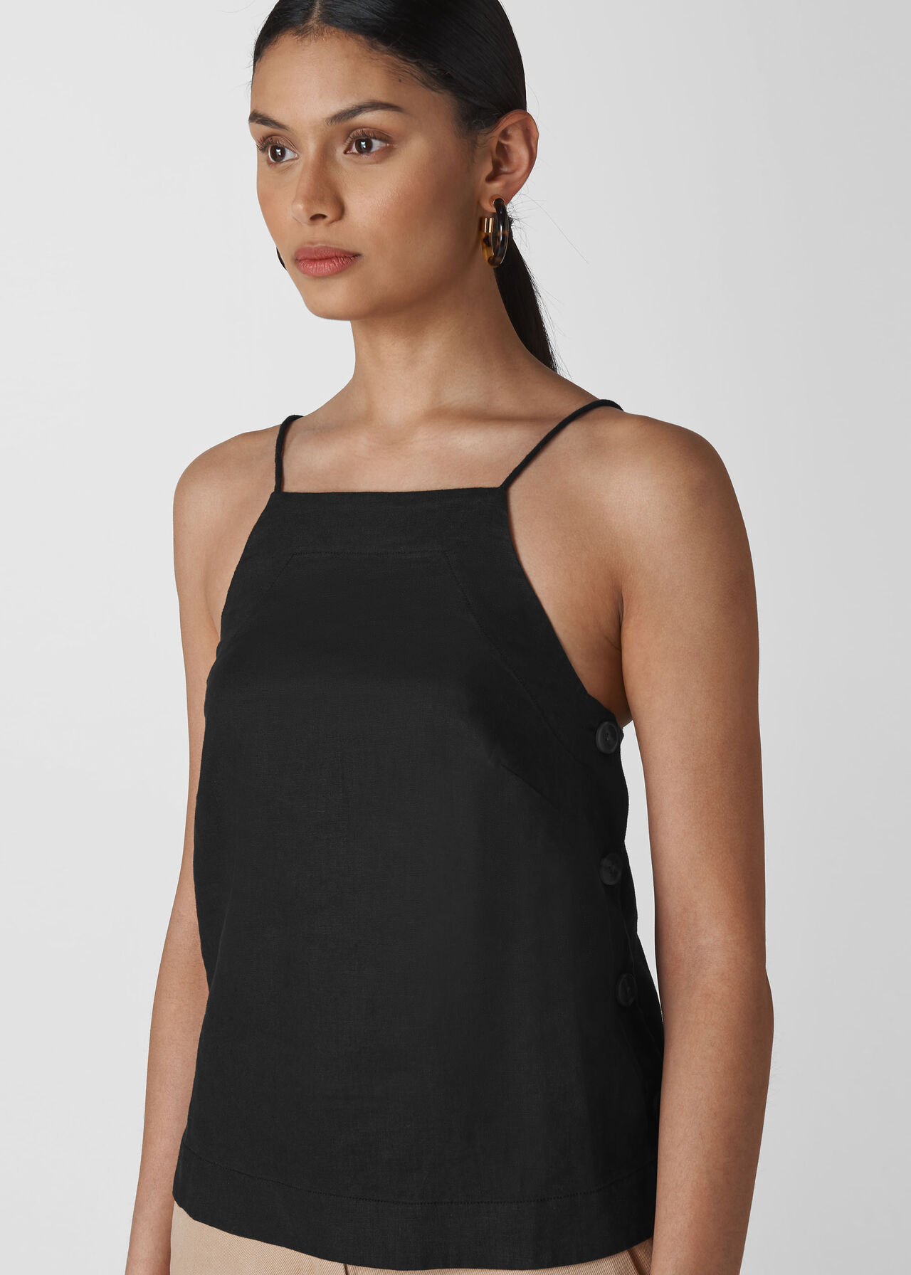 Becky Linen Button Detail Cami Black