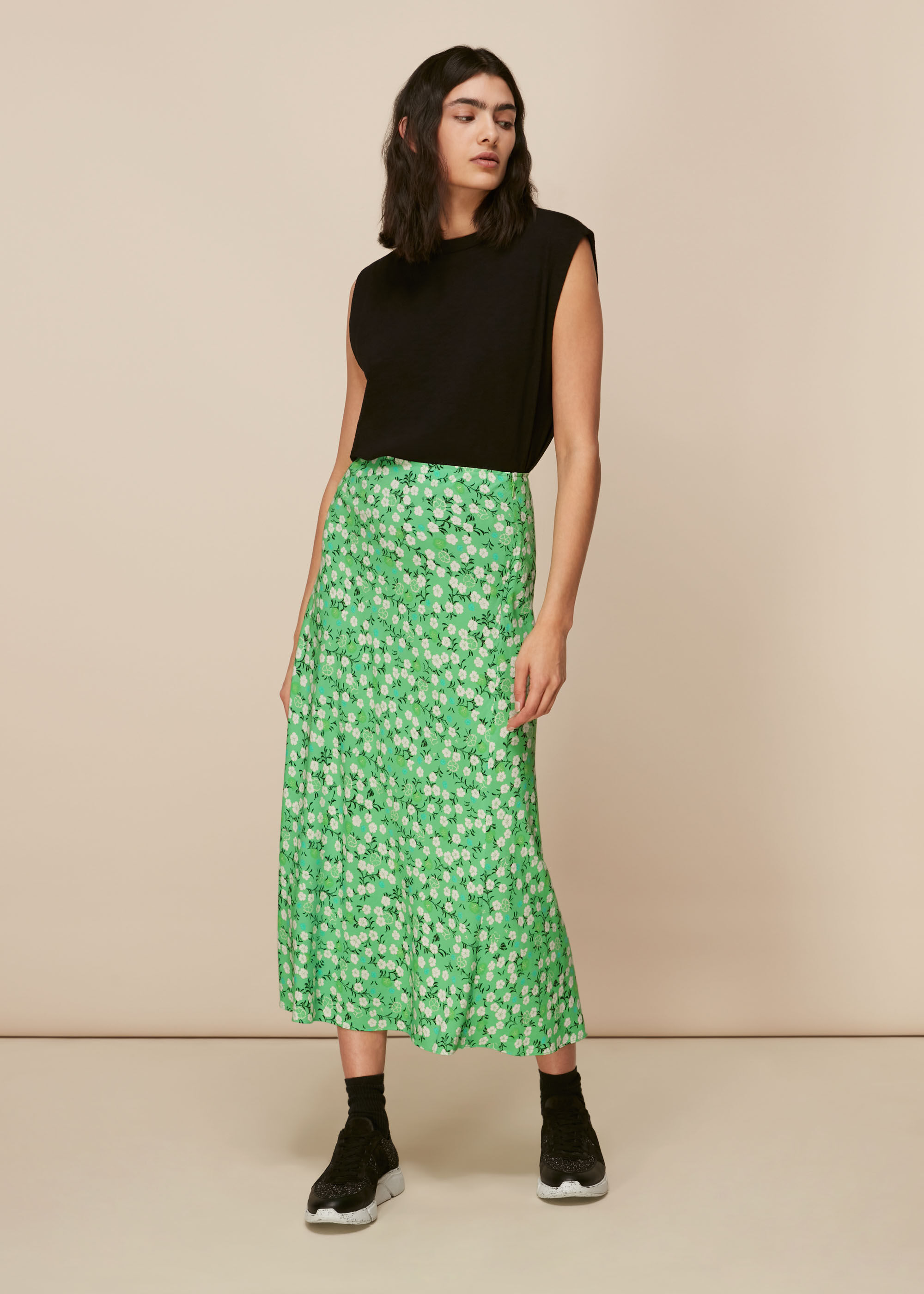 Green Multi Cherry Blossom Bias Cut Skirt WHISTLES Whistles UK