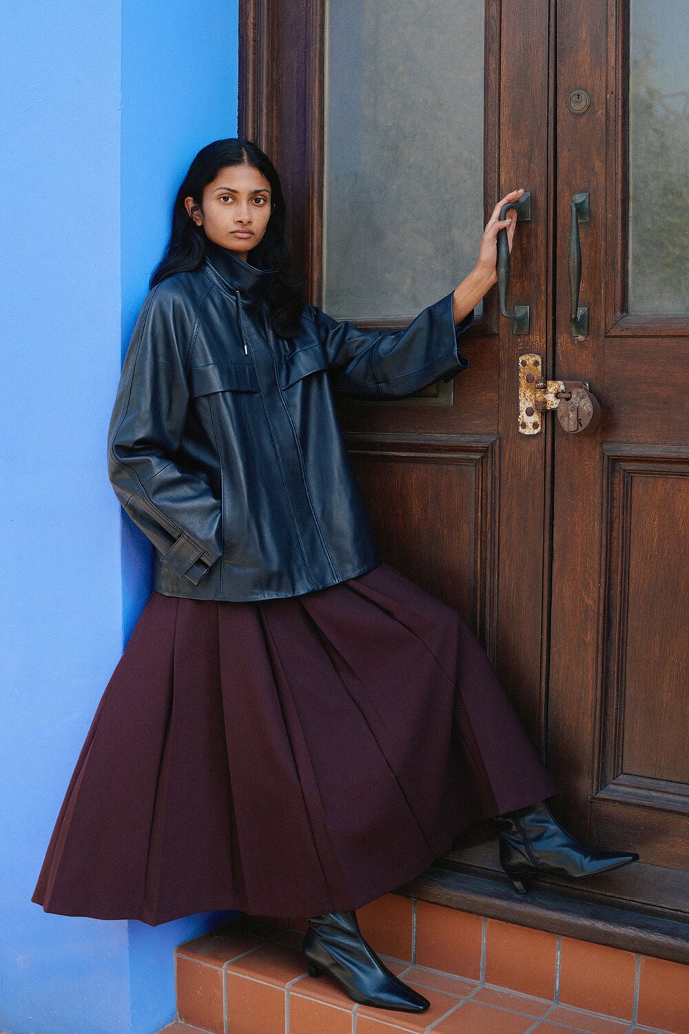 Plum Wool Blend Pleated Kilt Skirt