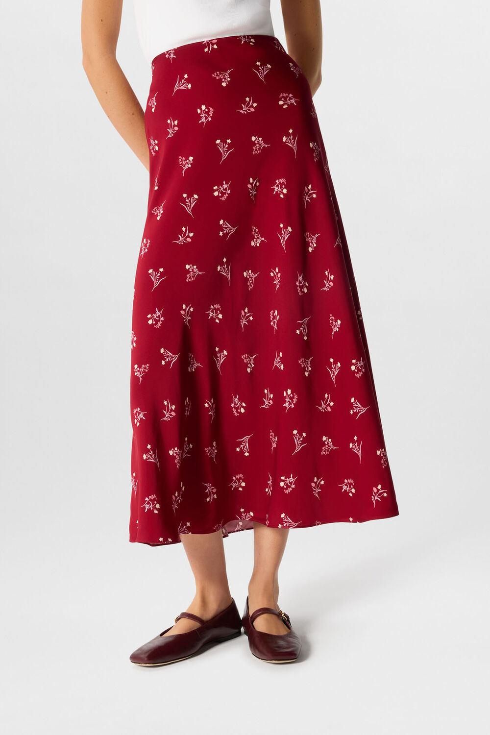 Burgundy Floral Fit And Flare Midi Skirt