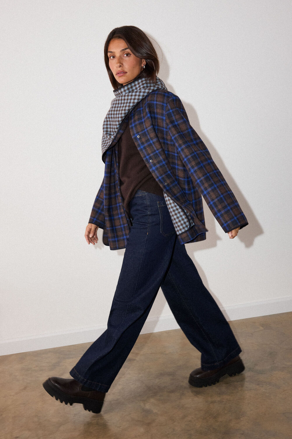 Navy Check Scarf Coat