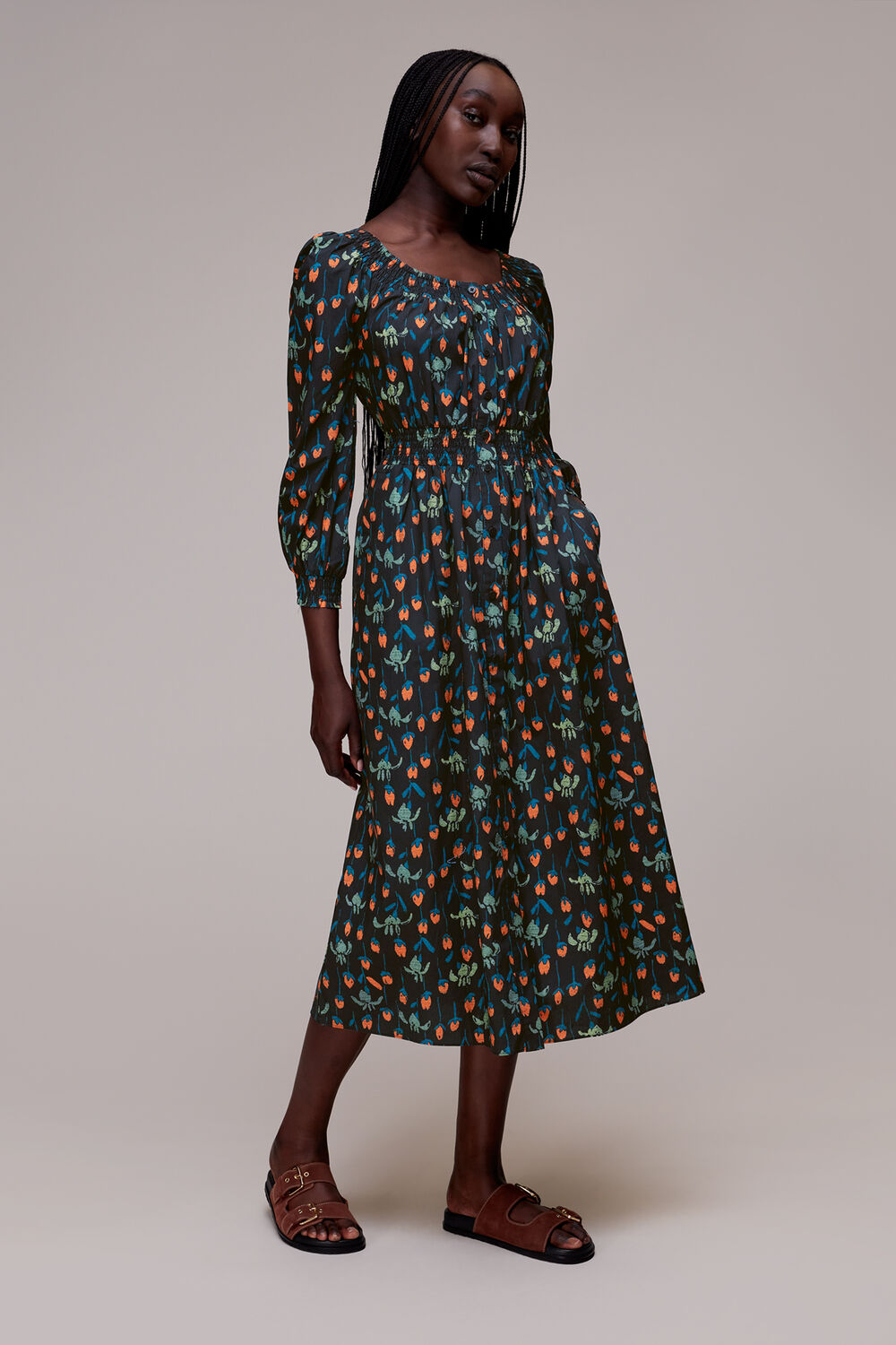 Black Tulips Print Poplin Midi Dress