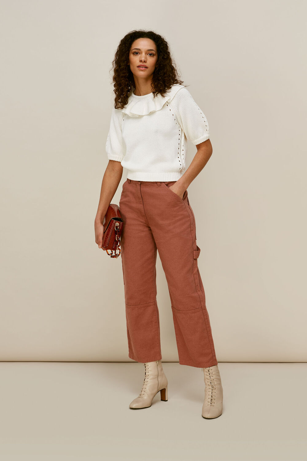 Frill Neck Knit Sweater White
