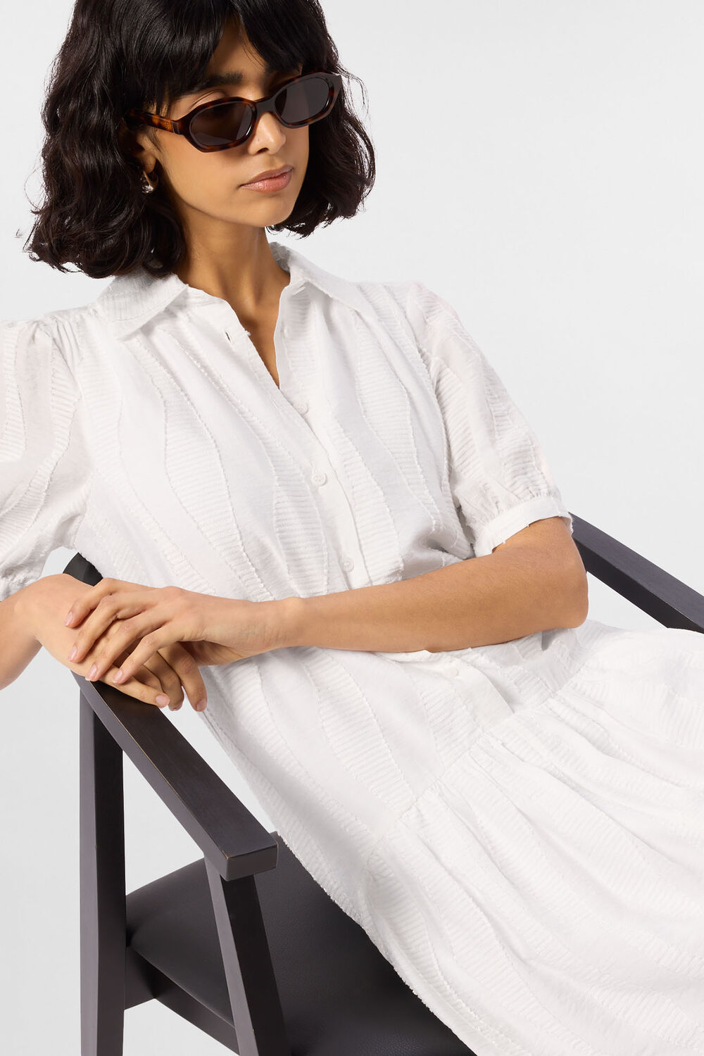 White Textured Drop Waist Midi Dress