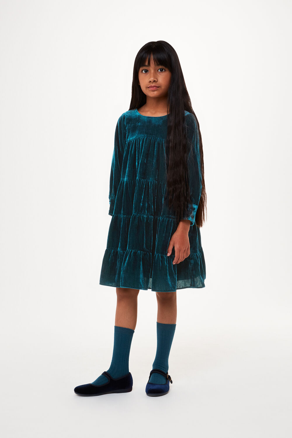 Teal Sawyer Tiered Velvet Dress