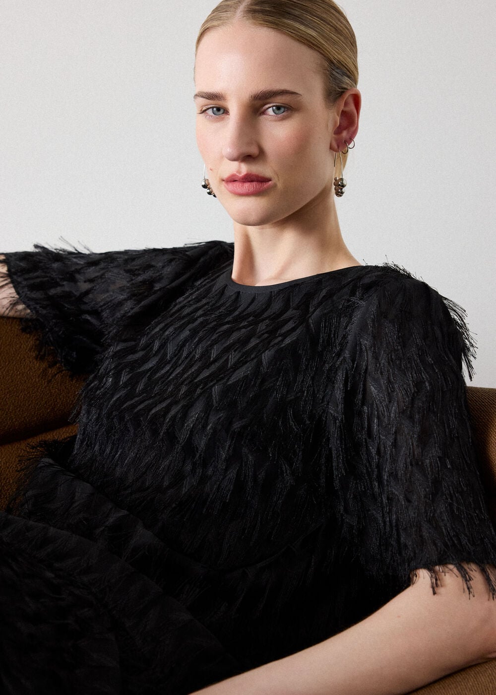 Black Fringe Textured Round Neck Top