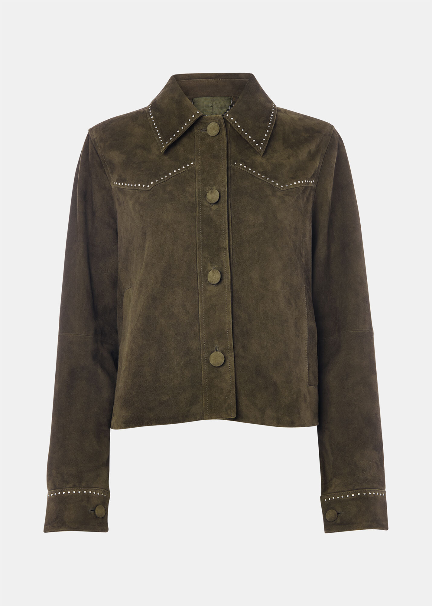 Olive Suede Leather Studded Jacket | WHISTLES | Whistles UK |