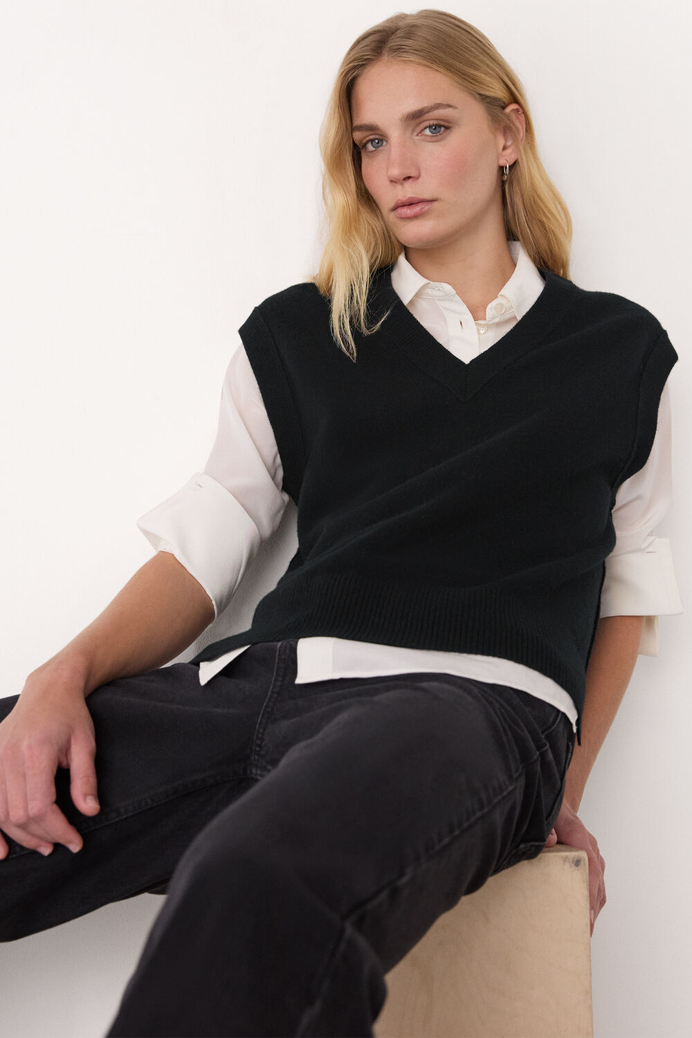 Black Wool V Neck Tank