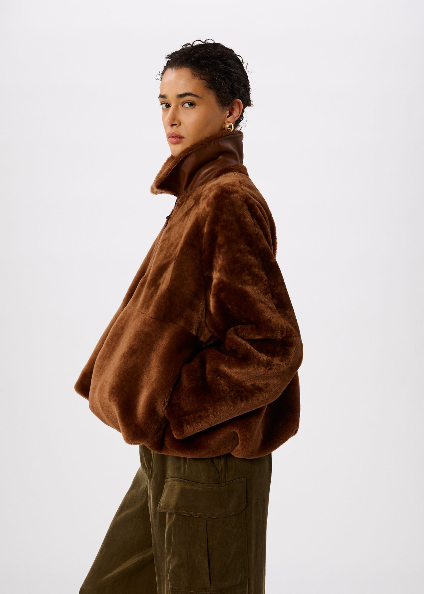 Chocolate Gathered Shearling Jacket | WHISTLES | Whistles US |