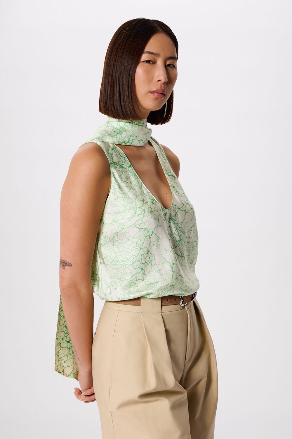 Green Printed Silk Scarf Vest Top
