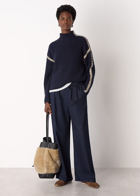 Navy Blanket Stitch Wool Mix Knit