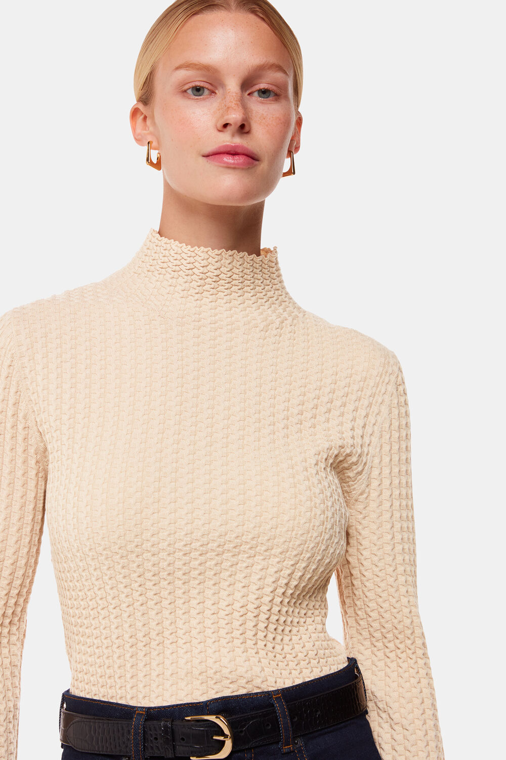 Ivory Textured Detail High Neck Knit