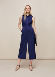 Hammered Satin Twist Jumpsuit Navy