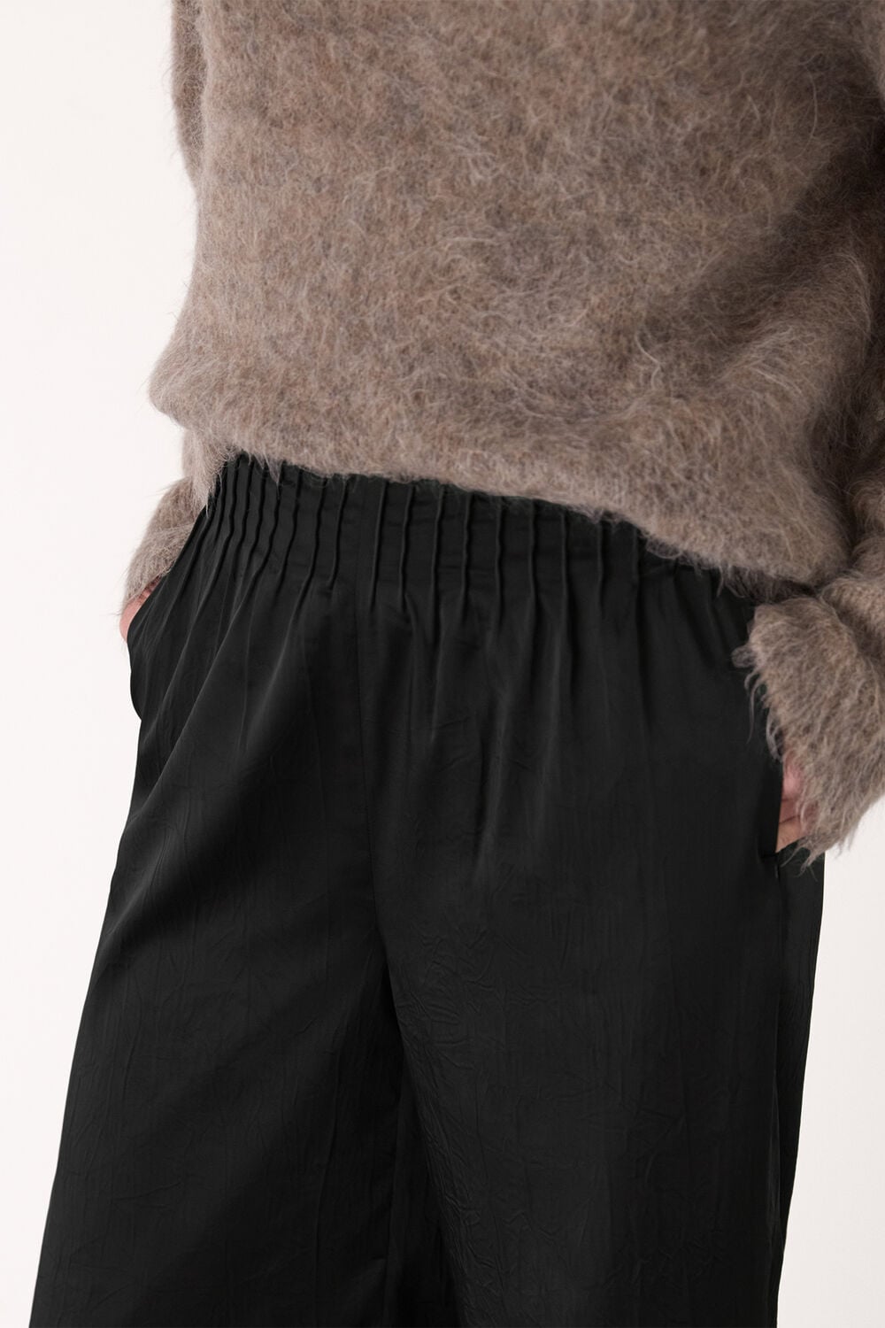 Black Textured Satin Pintuck Trouser