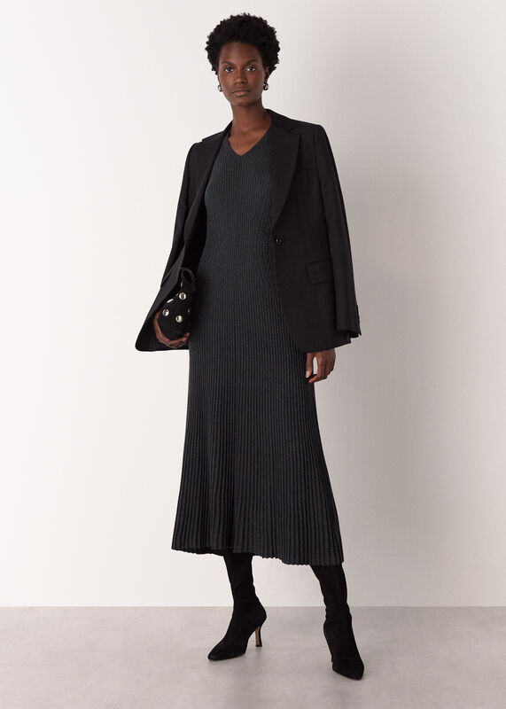 Dark Grey V Neck Cable Ribbed Knit Dress