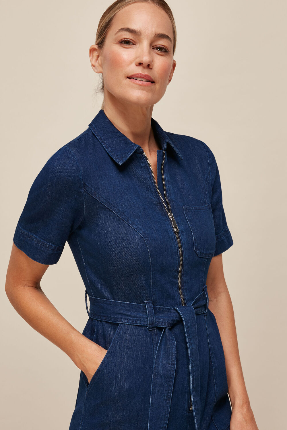 Tie Waist Denim Jumpsuit