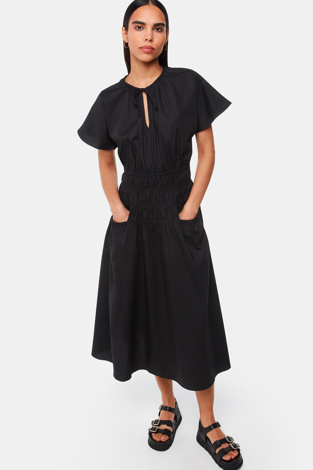 Black Poplin Shirred Dress