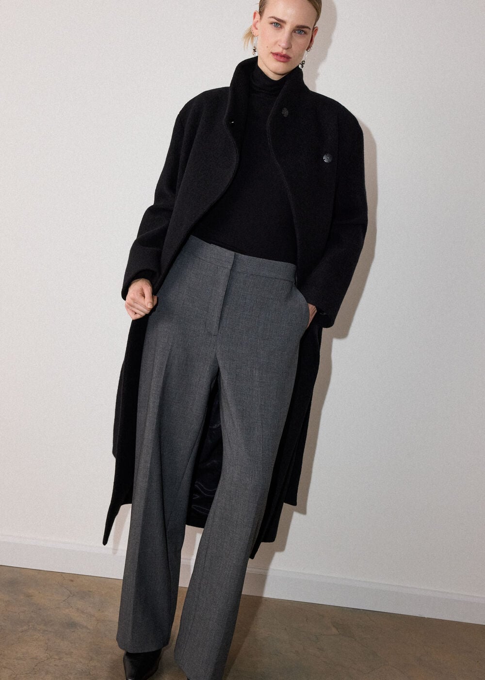 Black Morgana Wool Funnel Wrap Coat