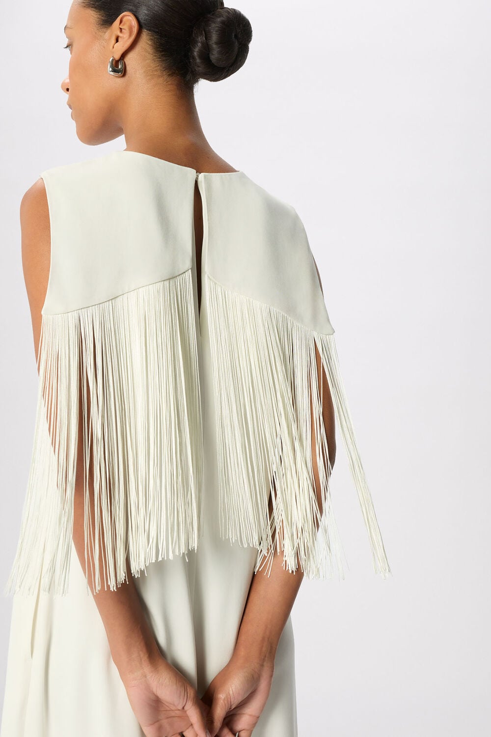 Ivory Fringe Back Midi Dress