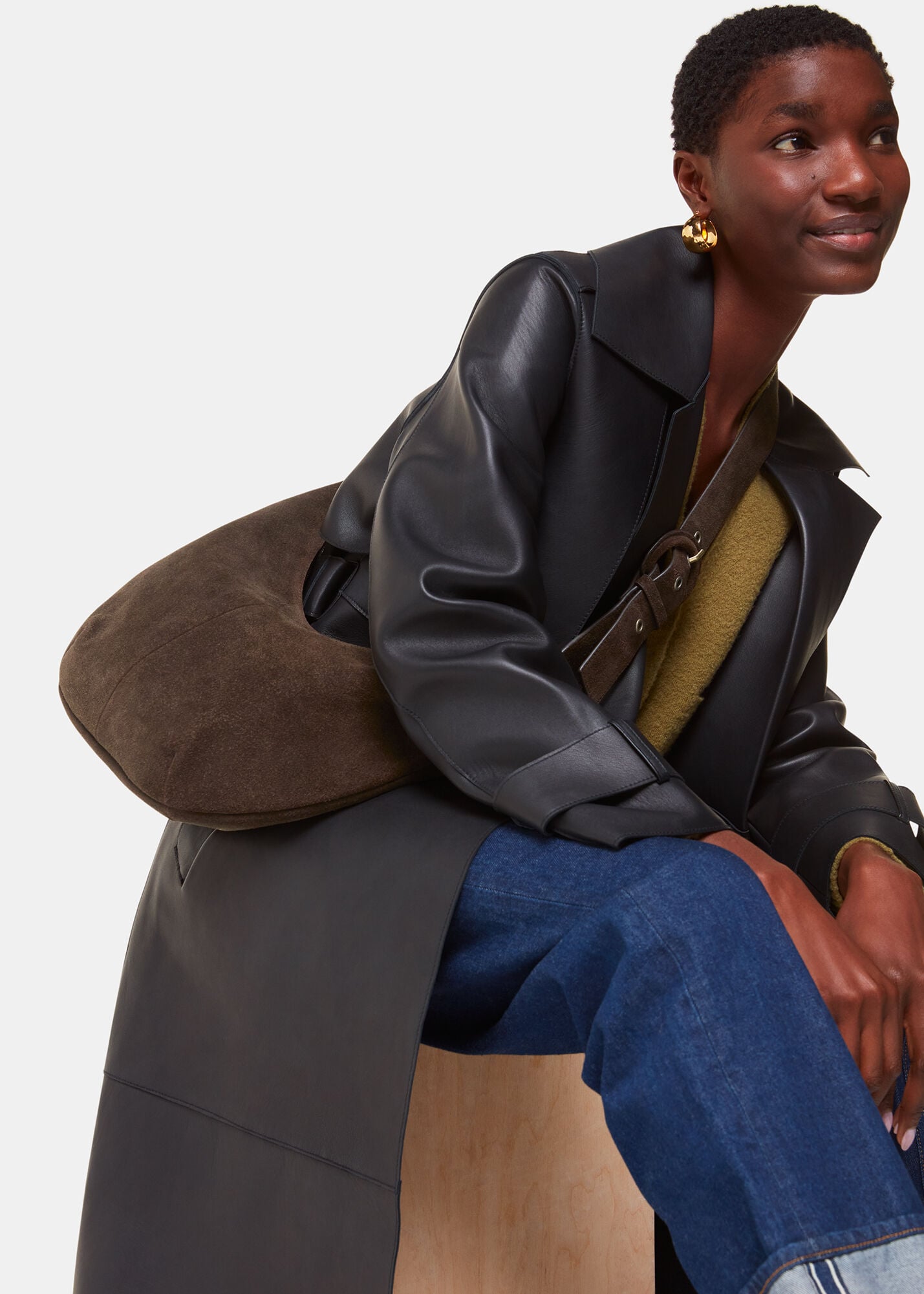 Chocolate Sia Suede Curved Crossbody Bag | WHISTLES | Whistles US |