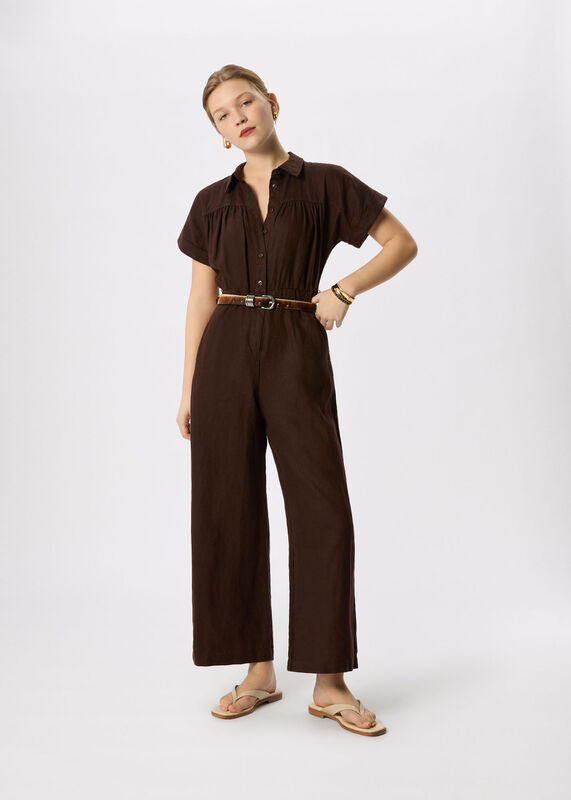 Brown Utility Linen Jumpsuit