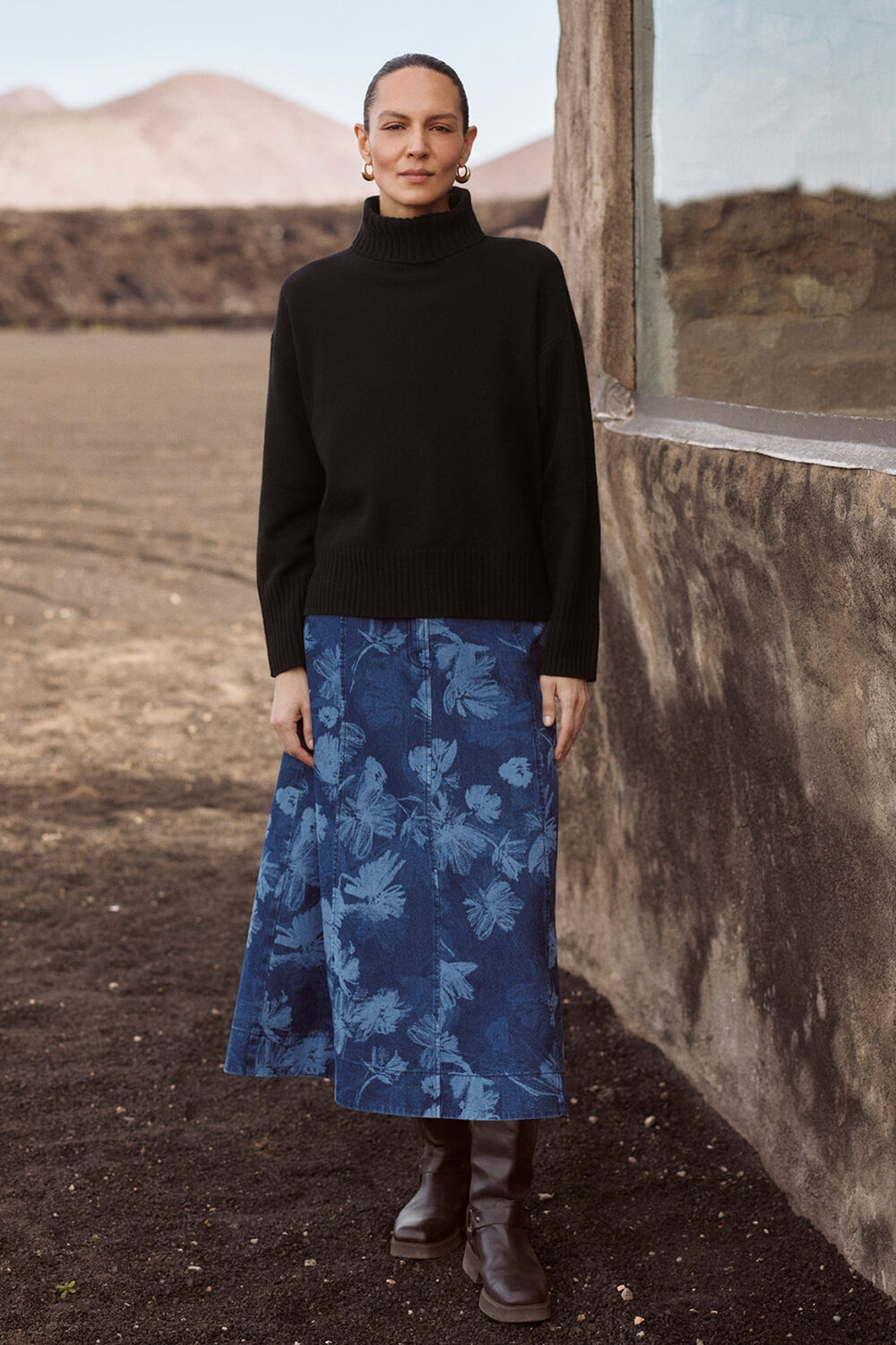 Denim Chalk Print Midi Skirt