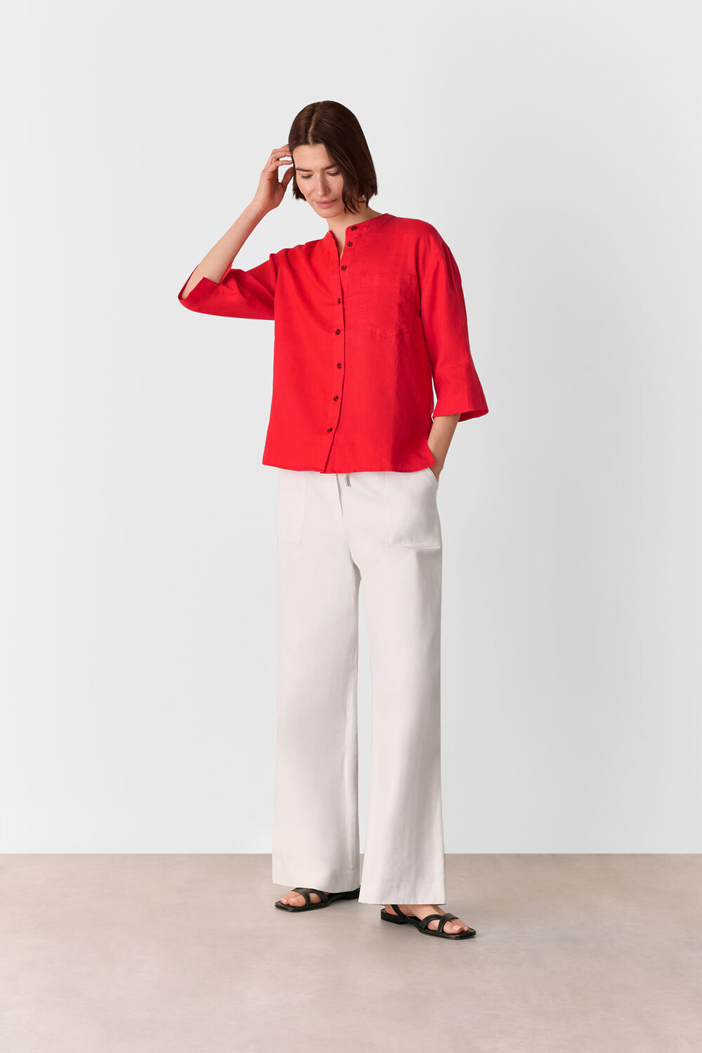 Red Linen Grandad Collar Shirt