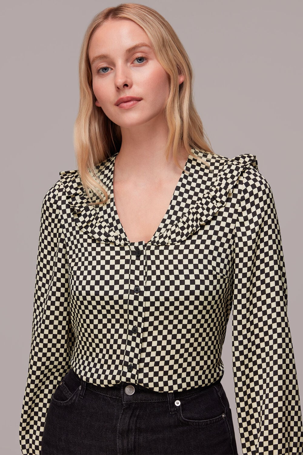 Black Checkerboard Collar Detail Top